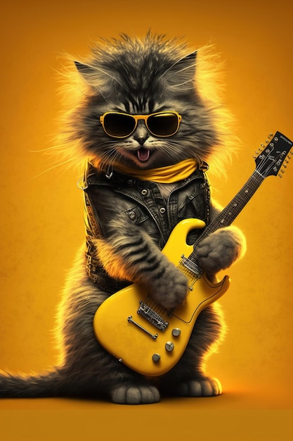 Kot gitarzysta z okularami slo i żółtą gitarą Stylowy rocker W studiu na żółtym tle