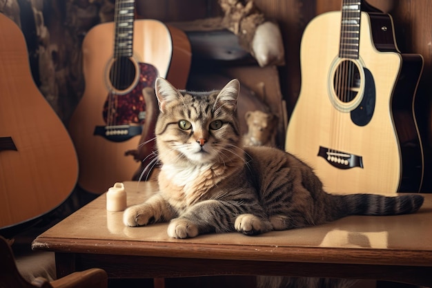 Kot gwiazda rocka siedząca na gitarze vintage i otoczona fankami stworzonymi za pomocą generatywnej sztucznej inteligencji