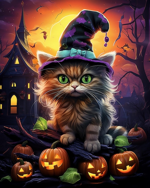 kot halloween z kapeluszem czarownicy i dyni generatywny ai