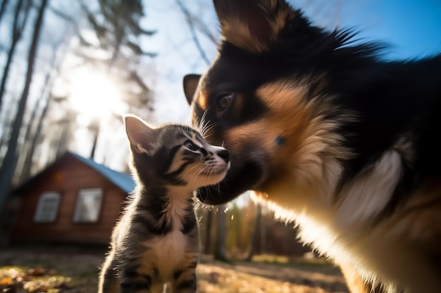Kot i pies bawią się ze sobą przed chatą.