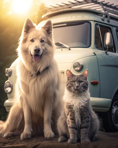 Kot i pies cieszący się życiem vana w kamperze Generative AI