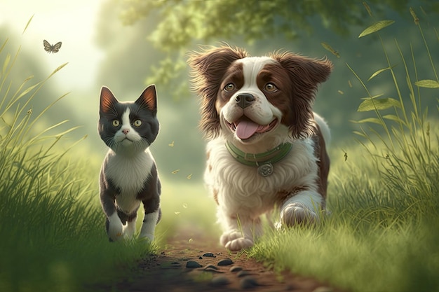Kot i pies, którzy są najlepszymi przyjaciółmi, spacerują po zielonej, słonecznej łące Generative AI