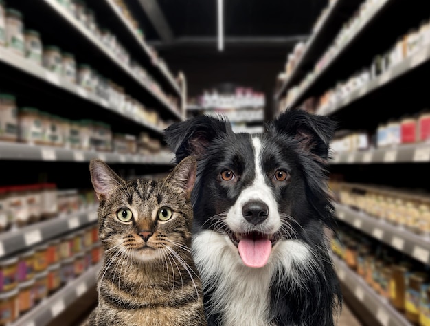 Kot i pies patrzą w kamerę przed półkami z jedzeniem w sklepie zoologicznym Tło jest rozmyte i ciemne