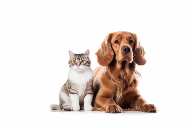 Kot i pies siedzą razem na białym tle Koncepcja zwierzaka Generatywna sztuczna inteligencja