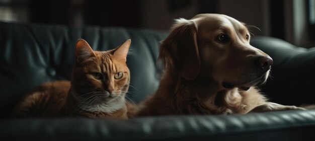 Kot i pies siedzą razem na kanapie.