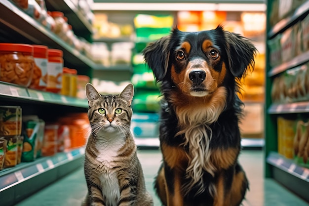 Kot i pies siedzą w sklepie zoologicznym.
