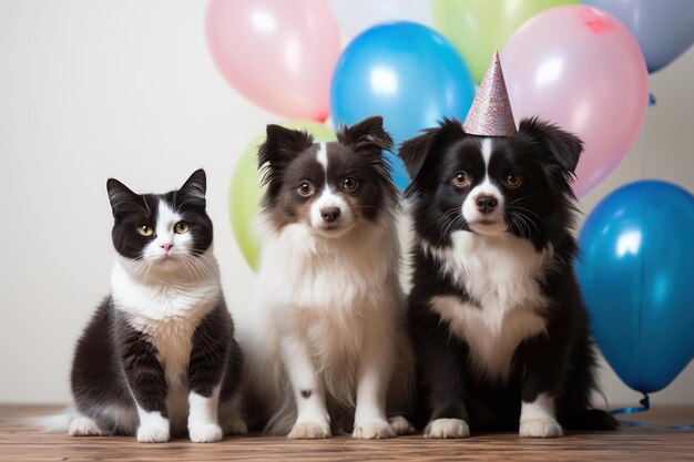Kot i pies z kapeluszami i balonami świętują życie na białym tle Generative AI