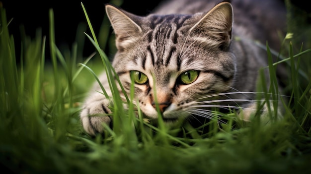 Kot je trawę w portrecie na świeżym powietrzu wygenerowanym przez sztuczną inteligencję