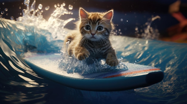 Kot jest na desce surfingowej w wodzie.