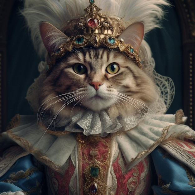 Kot jest przebrany za króla i ma na sobie kostium.