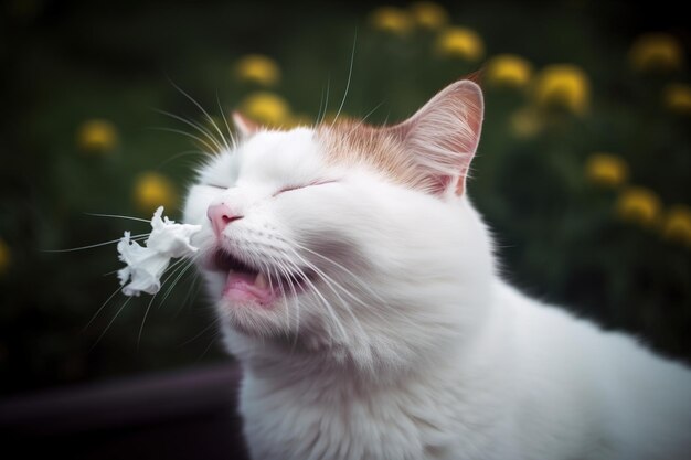 Zdjęcie kot kichający po wąchaniu kwiatów metafora alergii ze śmiesznym kotkiem wygenerowana sztuczna inteligencja