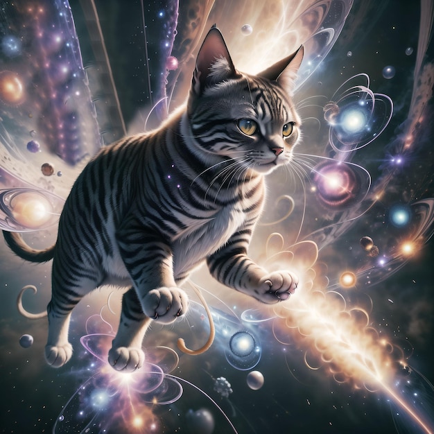 Kot lecący w kosmosie z żarówką na grzbiecie.