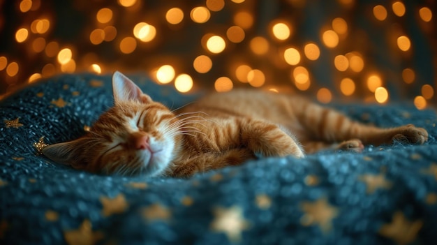 Kot leżący na kocie z światłami w tle