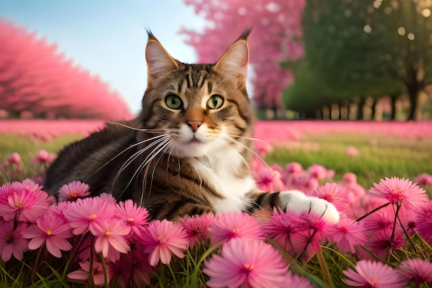 Kot leżący na polu kwiatów
