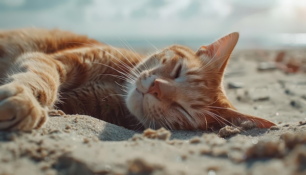 Zdjęcie kot leży na plaży i cieszy się słońcem i piaskiem.