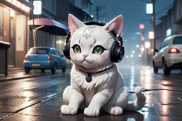 Kot Lofi słucha muzyki w deszczowej pogodzie na słuchawkach
