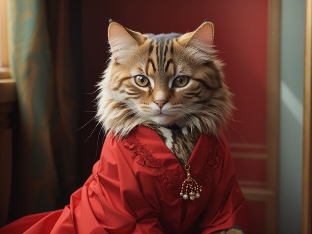 Zdjęcie kot ma na sobie czerwoną sukienkę