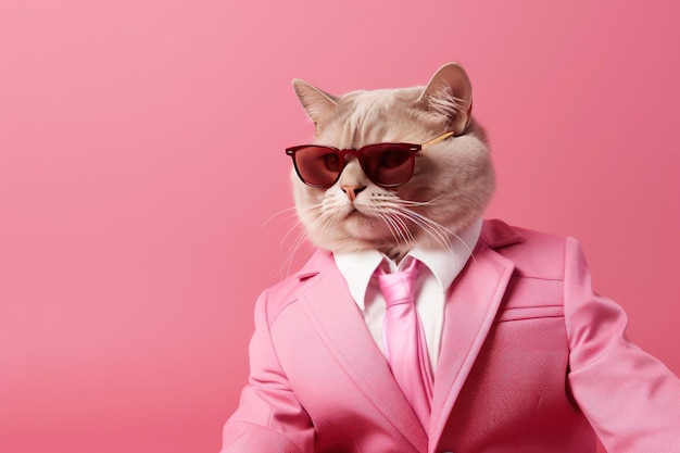 Kot ma na sobie okulary przeciwsłoneczne i garnitur na różowym tle