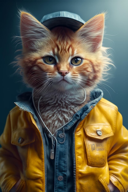 Kot ma na sobie żółtą kurtkę i słucha słuchawek na uszach Generative AI