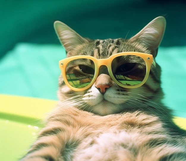Kot ma na sobie żółte okulary przeciwsłoneczne i zielone tło