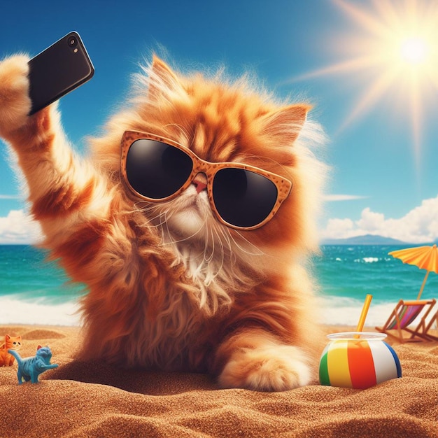 Kot mówi, że robię selfie na niebieskiej plaży w letni dzień w okularach przeciwsłonecznych.