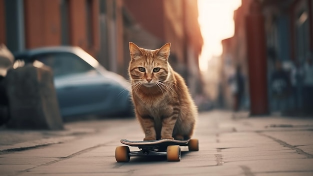 Kot na deskorolce na ulicy