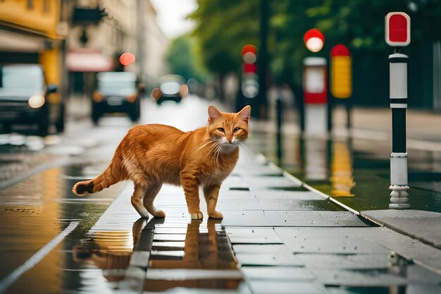 Zdjęcie kot na mokrym chodniku w deszczu