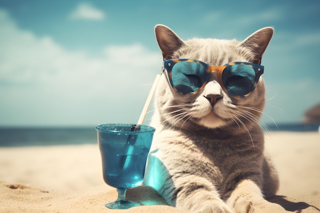 Kot na plaży pijący drinka