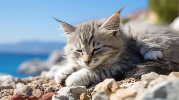 kot na plaży spokojny moment