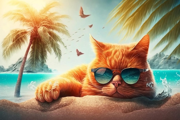 Kot na plaży z palmami w tle