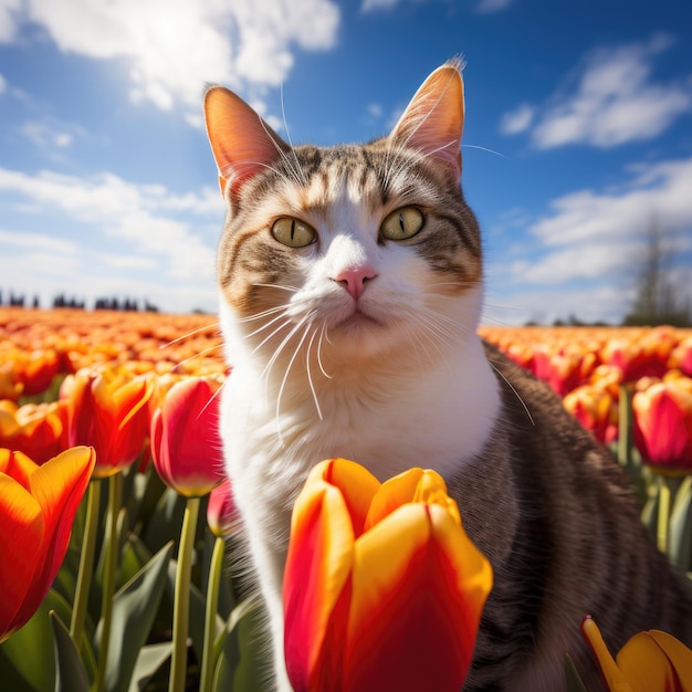 kot na polu tulipanów