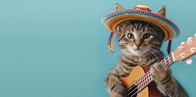 Zdjęcie kot noszący kapelusz sombrero i trzymający gitarę na niebieskim tle dla cinco de mayo