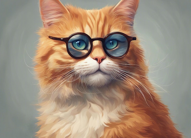 Kot noszący okulary Kot naukowy Okrągłe okulary Kot imbirowy Zbliżenie wygenerowane przez sztuczną inteligencję