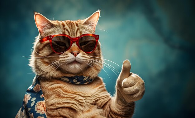 Zdjęcie kot noszący okulary przeciwsłoneczne i kciuk w górę