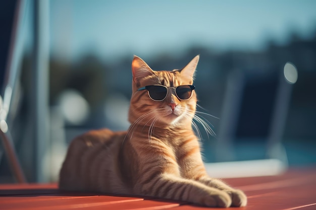 Kot noszący okulary przeciwsłoneczne relaksujący się na leżaku wygenerowanym za pomocą sztucznej inteligencji