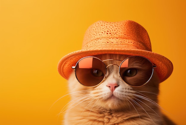 kot noszący pomarańczowe okulary przeciwsłoneczne na żółtym tle stworzonym przez generatywną technologię AI