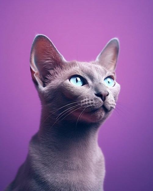 Kot o niebieskich oczach patrzy w górę, a tło jest fioletowe.