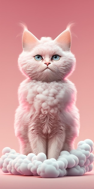 Kot o niebieskich oczach siedzi na różowym tle.