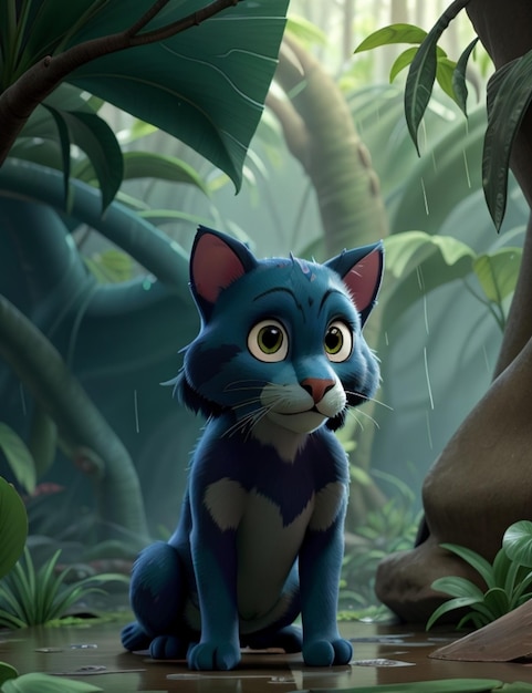 kot o niebieskiej twarzy i niebieskiej twarzy siedzi w dżungli.
