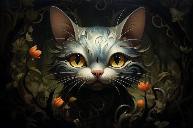 kot o żółtych oczach otoczony jest kwiatami.