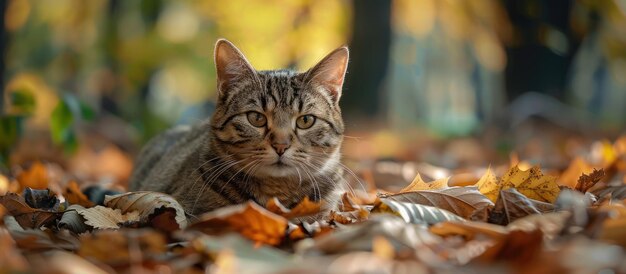 Kot odpoczywający w stosie liści