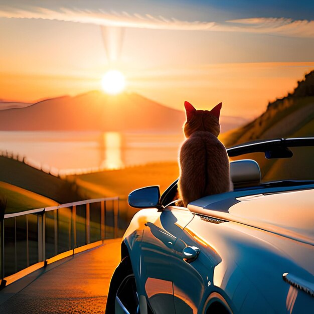 Kot oglądający zachód słońca siedzący na samochodzie wygenerowany przez sztuczną inteligencję