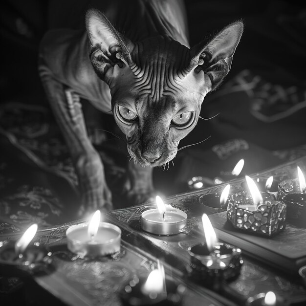 Zdjęcie kot patrzący na zapaloną świecę, na której jest liczba 2