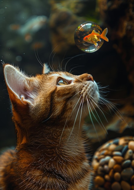 Kot patrzy na złotą rybkę w bańce.