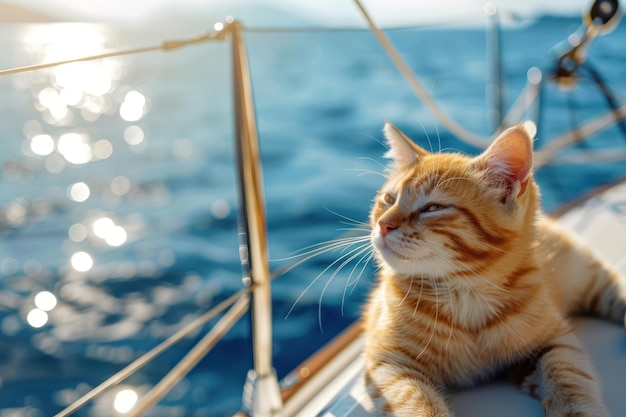 kot pływający na luksusowej łodzi jachtowej w słoneczny letni dzień