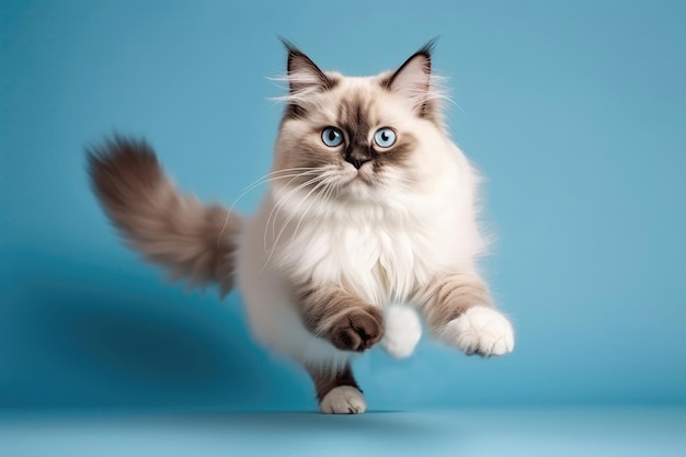 Kot Ragdoll w skokach w locie na jasnoniebieskim tle Full Body Wide Angle Studio Photo Generative AI