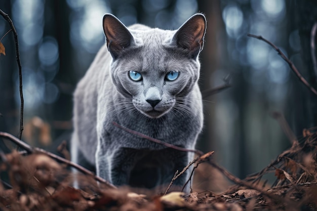 Kot rasy Russian Blue na wolności