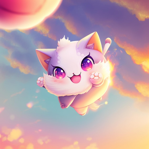Kot rysunkowy, który leci na niebie z różowymi oczami i różowym tłem oczu