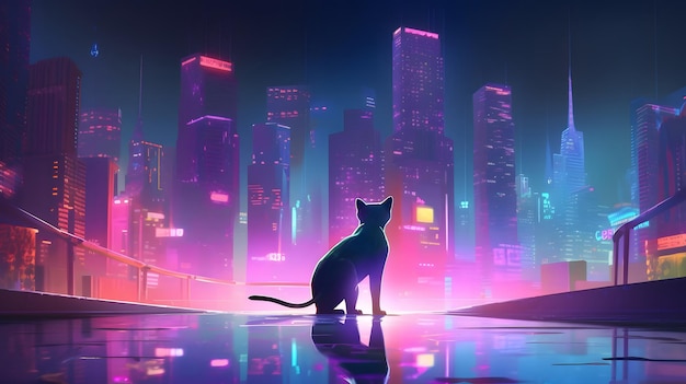 Kot siedzący na dachu przed oświetloną nocną siecią neuronową w tle panoramy miasta