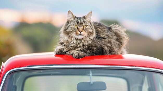 Zdjęcie kot siedzący na górze czerwonego samochodu